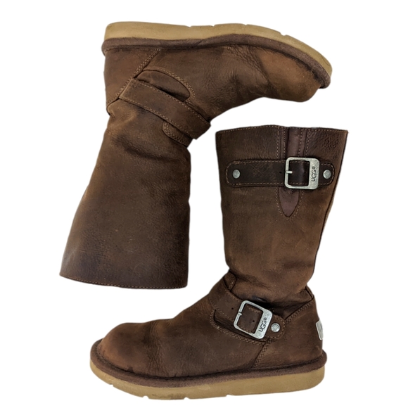 UGG Kensington Moto Boots Shearling Mid Calf Brown Buckle Boot - Picture 5 of 12